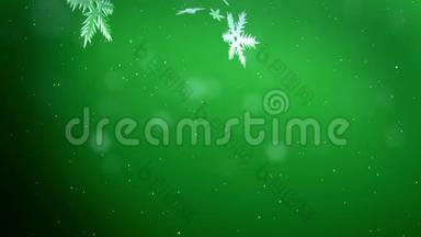 <strong>装饰</strong>的3d雪花<strong>漂浮</strong>在空气中，在绿色<strong>背景</strong>下在夜间发光.. 用作圣诞、新年贺卡